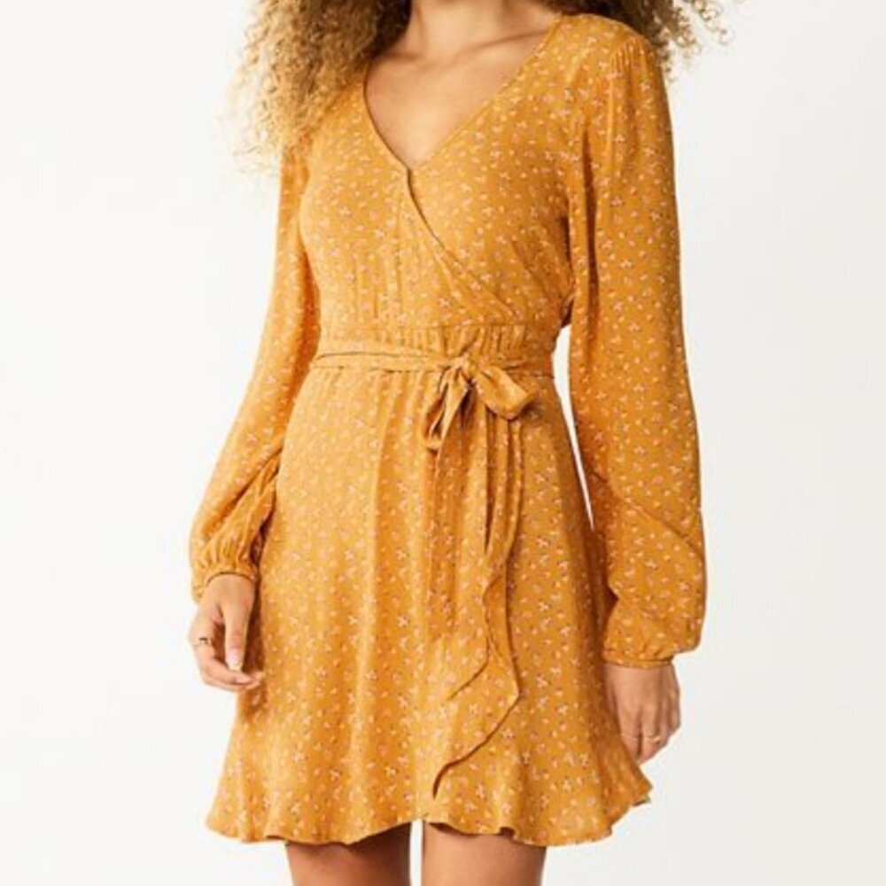Juniors So Faux Wrap Floral Dark Yellow Ruffle Dress